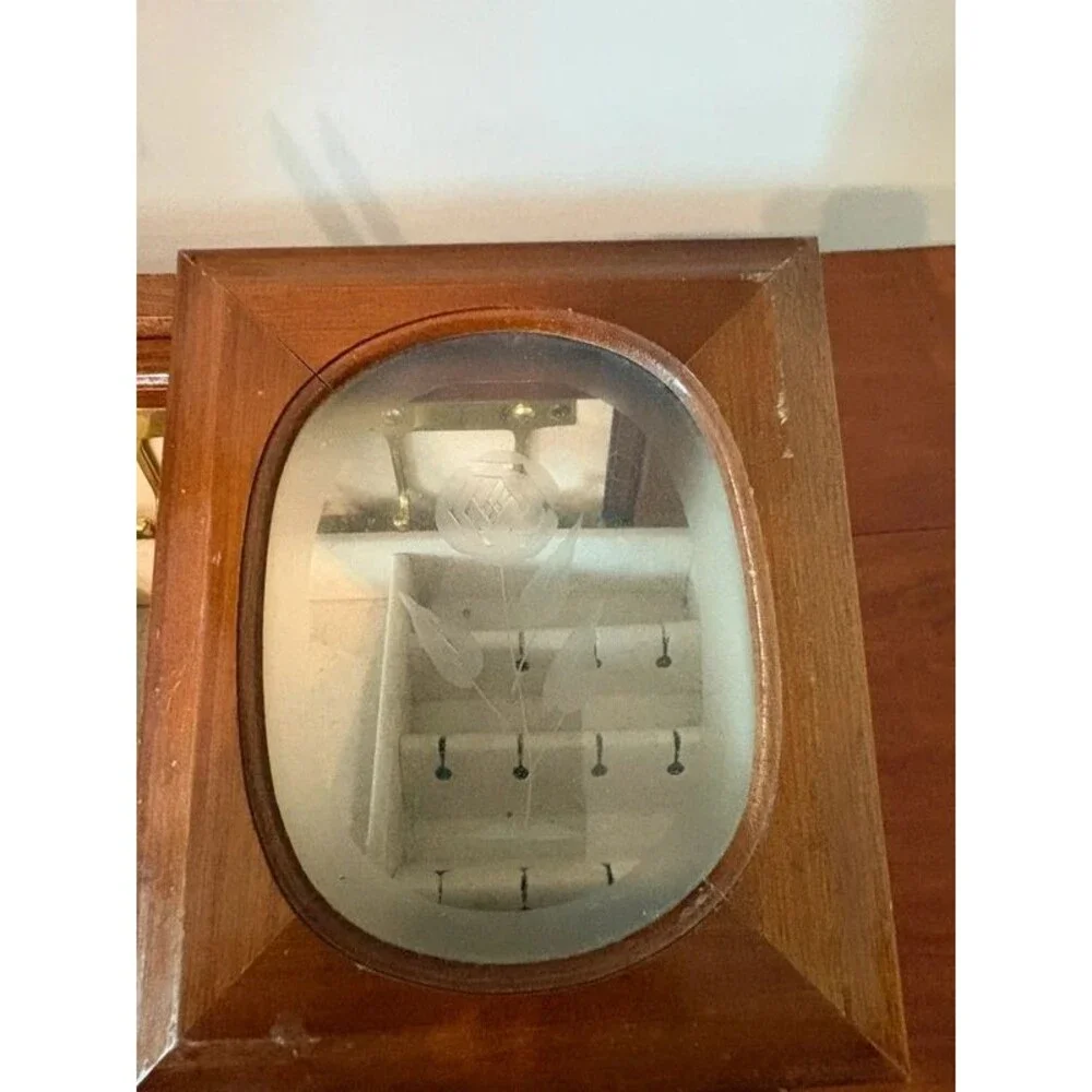 Vintage Wood Jewelry Box Double Etched Glass Rose Lids